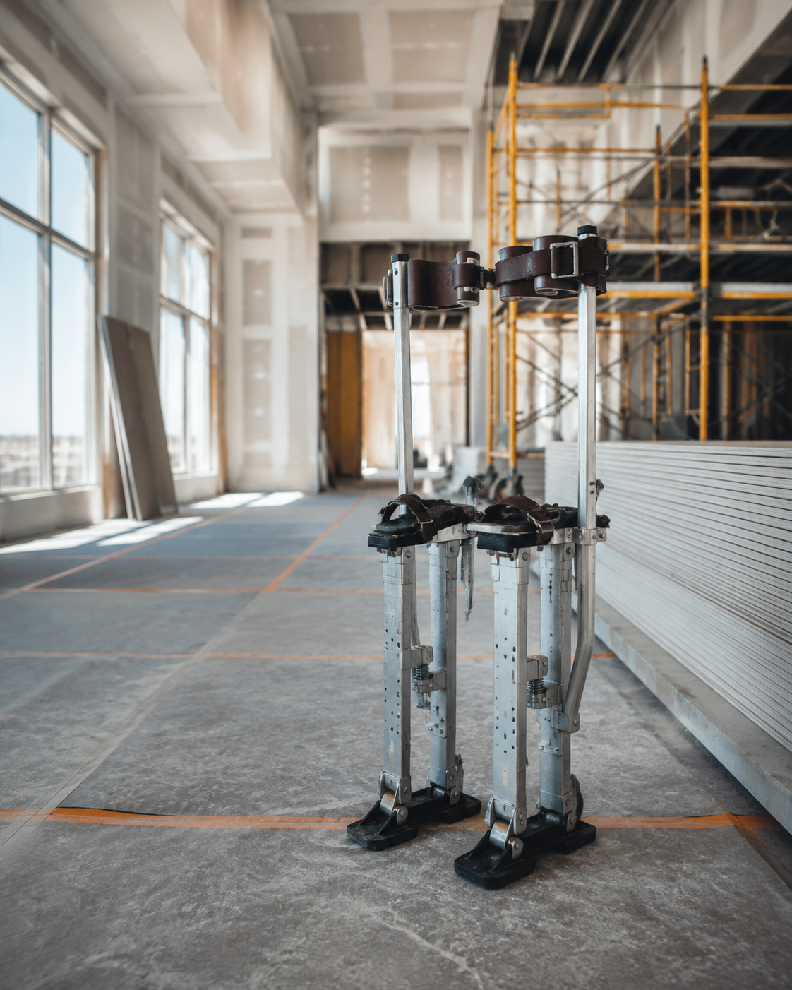 Professional drywall stilts at a commercial interior jobsite