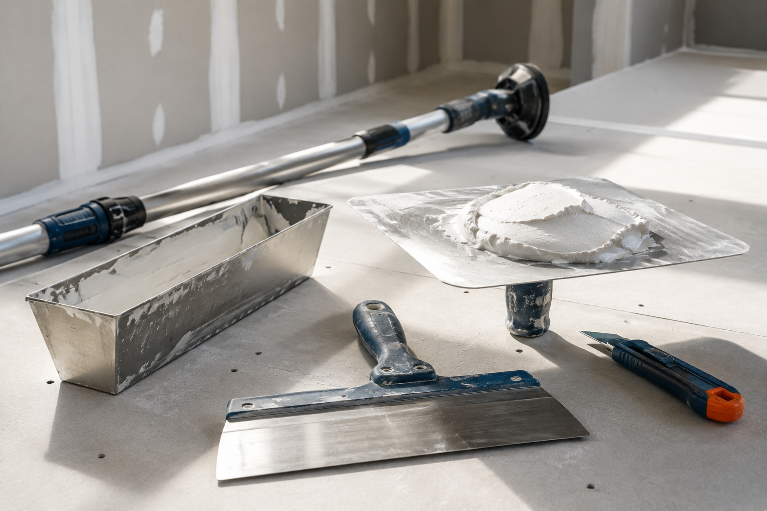Drywall finishing tools and joint compound on a commercial jobsite