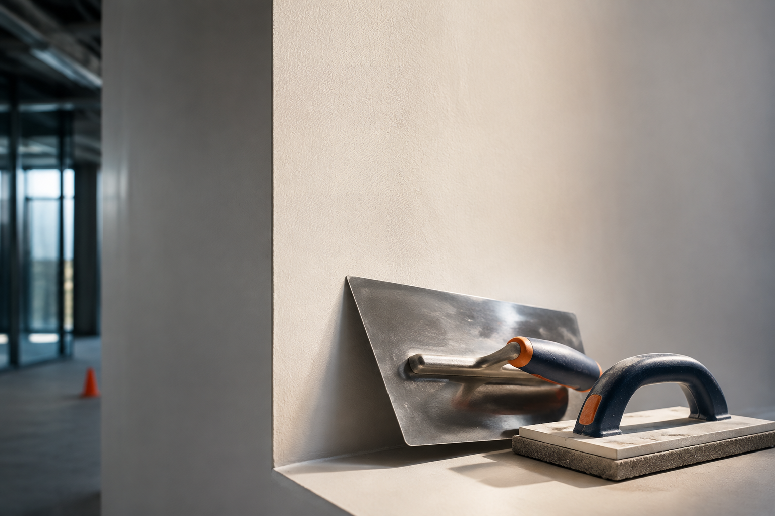 Finishing trowel and sanding block beside a smooth drywall corner